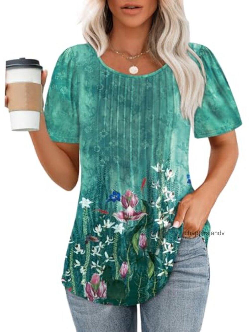 Womens Short Sleeve Pleated Scoop Neck Tunic Blouse Loose Fit Casual Summer Top